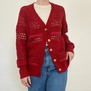 Sundance Traveler's Open Chunky Crochet Cotton Cardigan Samba Red Size Small